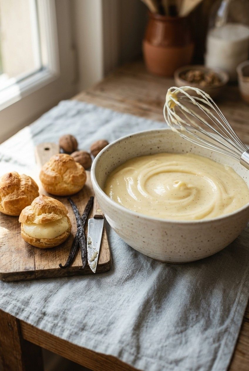 Crème pâtissière à la vanille de Madagascar dans un bol, grains de vanille visibles