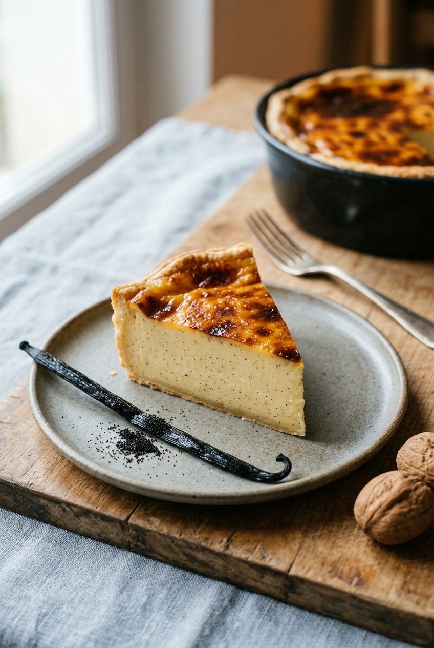 Part de flan pâtissier à la vanille de Madagascar avec les grains de vanille visibles