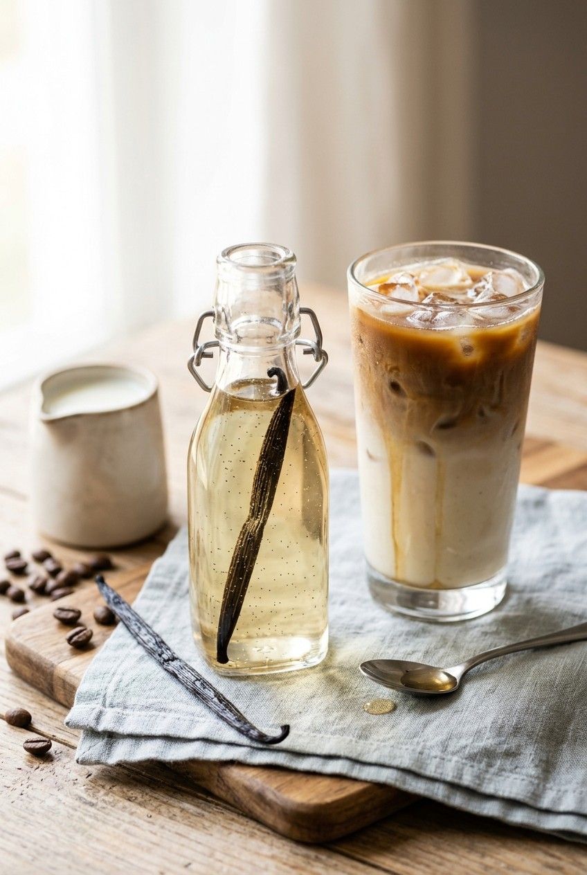 Bouteille de sirop de vanille maison et latte glacé à la vanille