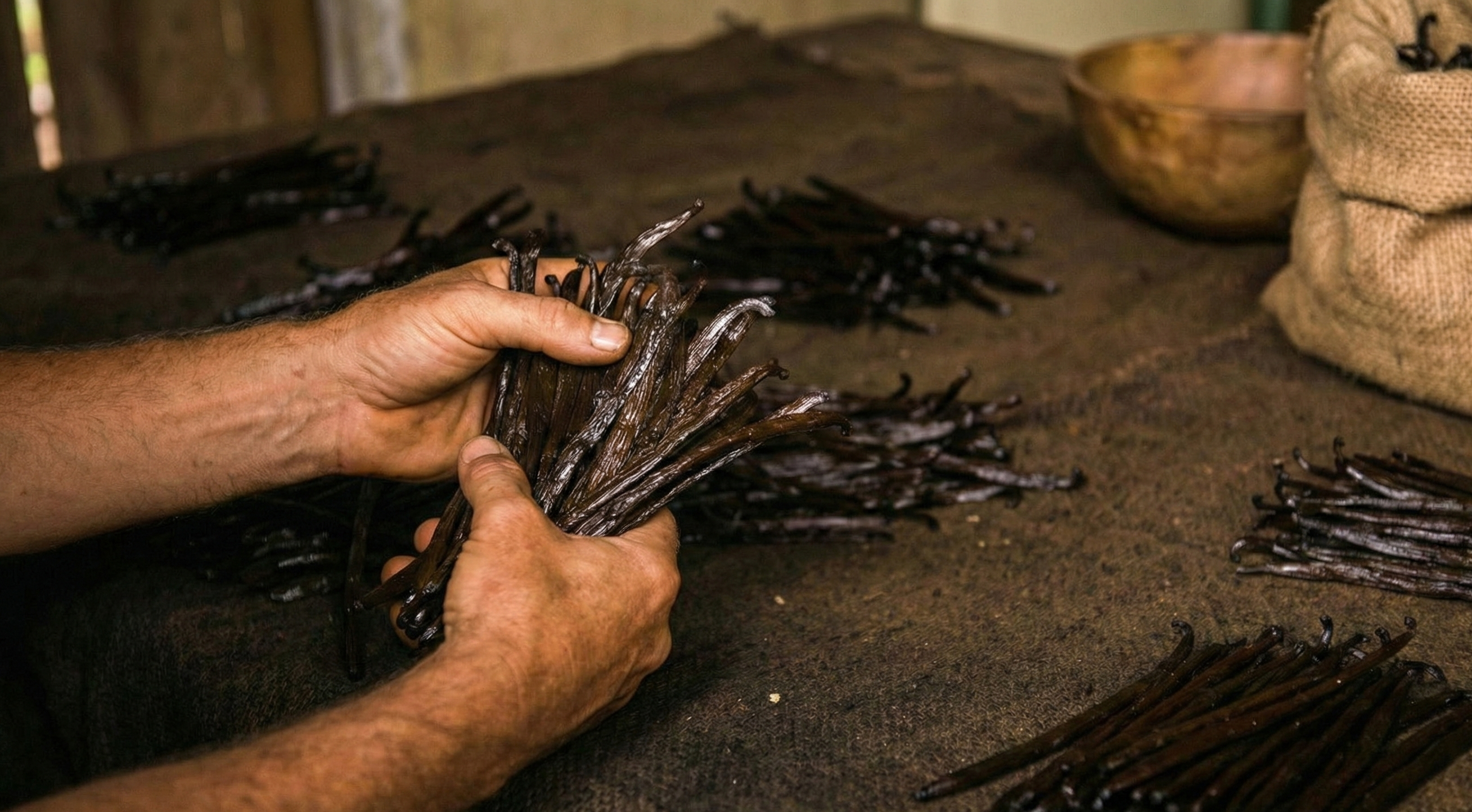 Mains de producteur sélectionnant des gousses de vanille Bourbon de Madagascar noires et grasses lors du tri final