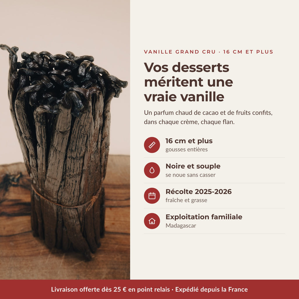 Vanille Grand Cru de Madagascar 16 cm et plus : noire et souple, récolte 2025-2026, exploitation familiale - Comptoir Manitra