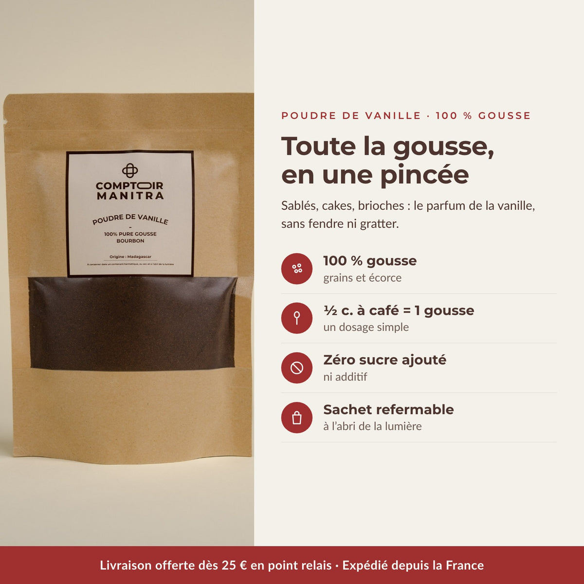 Poudre de vanille 100 % gousse : une demi-cuillère à café équivaut à une gousse, zéro sucre ajouté - Comptoir Manitra