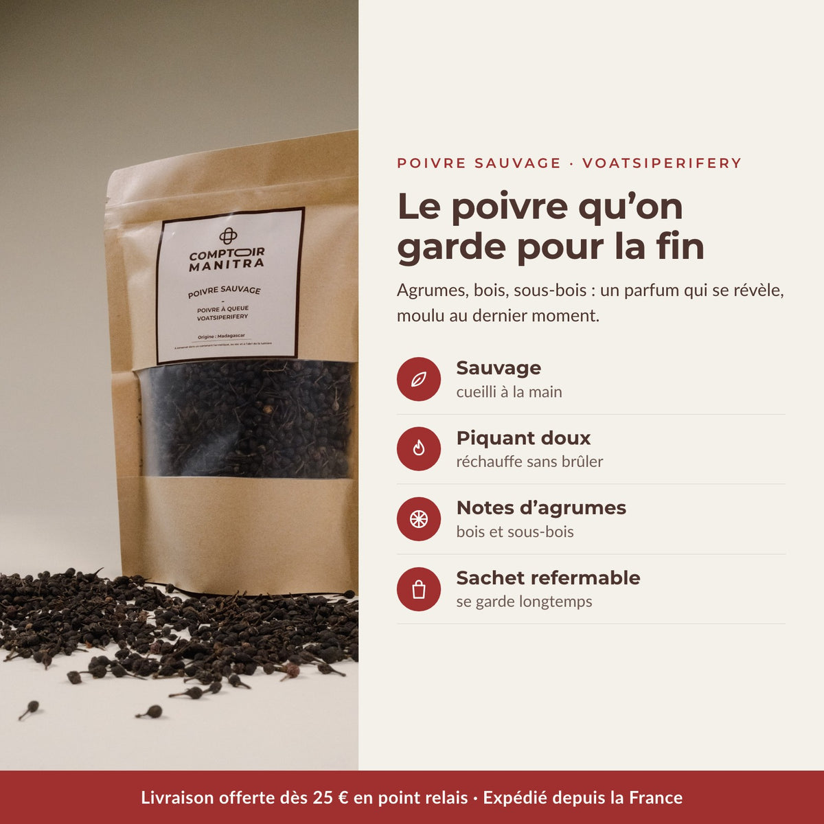 Poivre sauvage Voatsiperifery de Madagascar : cueilli à la main, piquant doux, notes d'agrumes - Comptoir Manitra