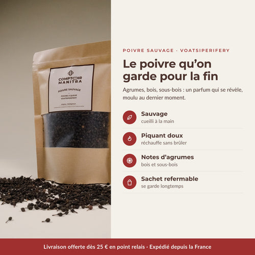 Poivre sauvage Voatsiperifery de Madagascar : cueilli à la main, piquant doux, notes d'agrumes - Comptoir Manitra