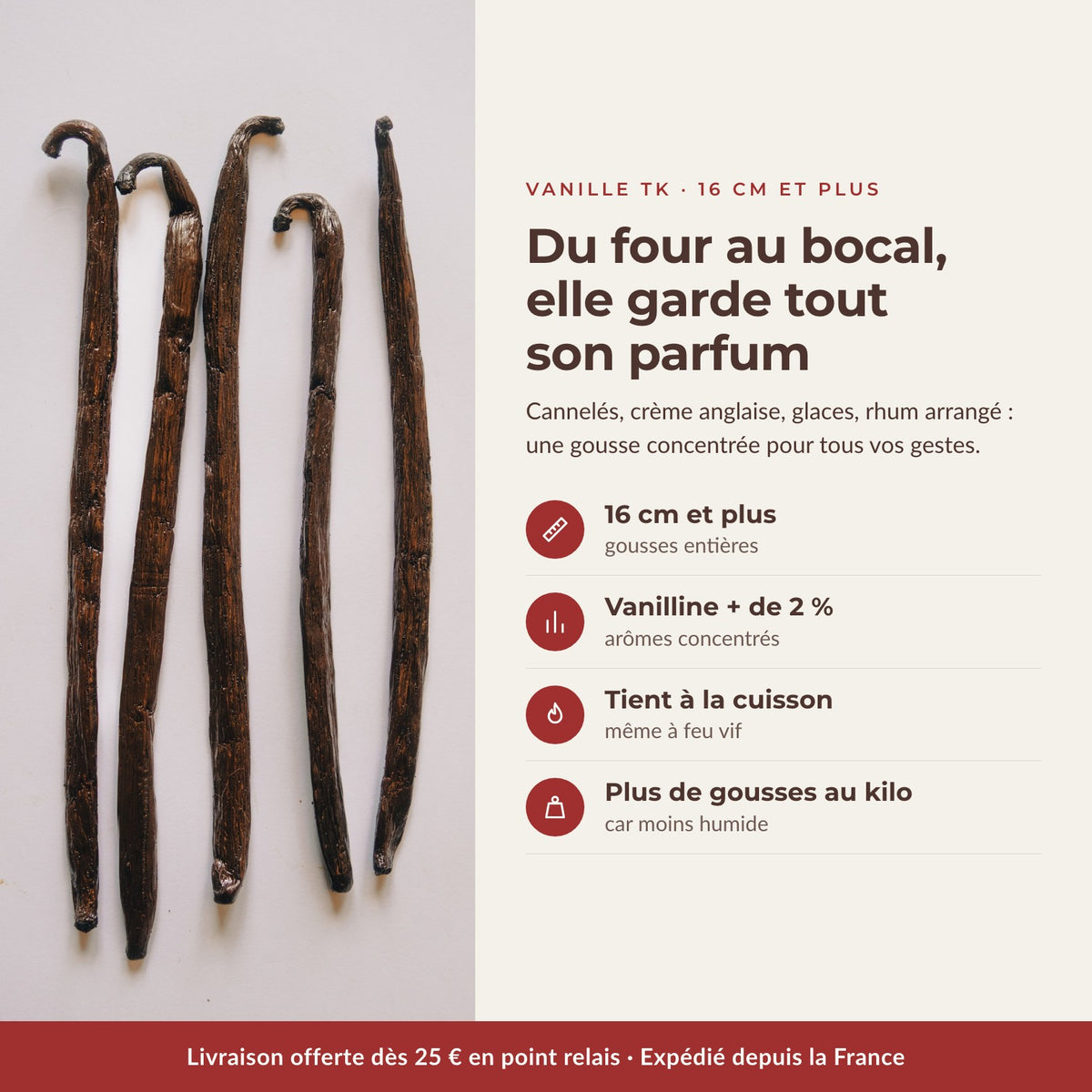 Vanille TK de Madagascar 16 cm et plus : vanilline plus de 2 %, tient à la cuisson - Comptoir Manitra
