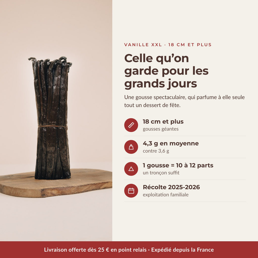 Vanille Grand Cru XXL 18 cm et plus : 4,3 g en moyenne, une gousse pour 10 à 12 parts - Comptoir Manitra
