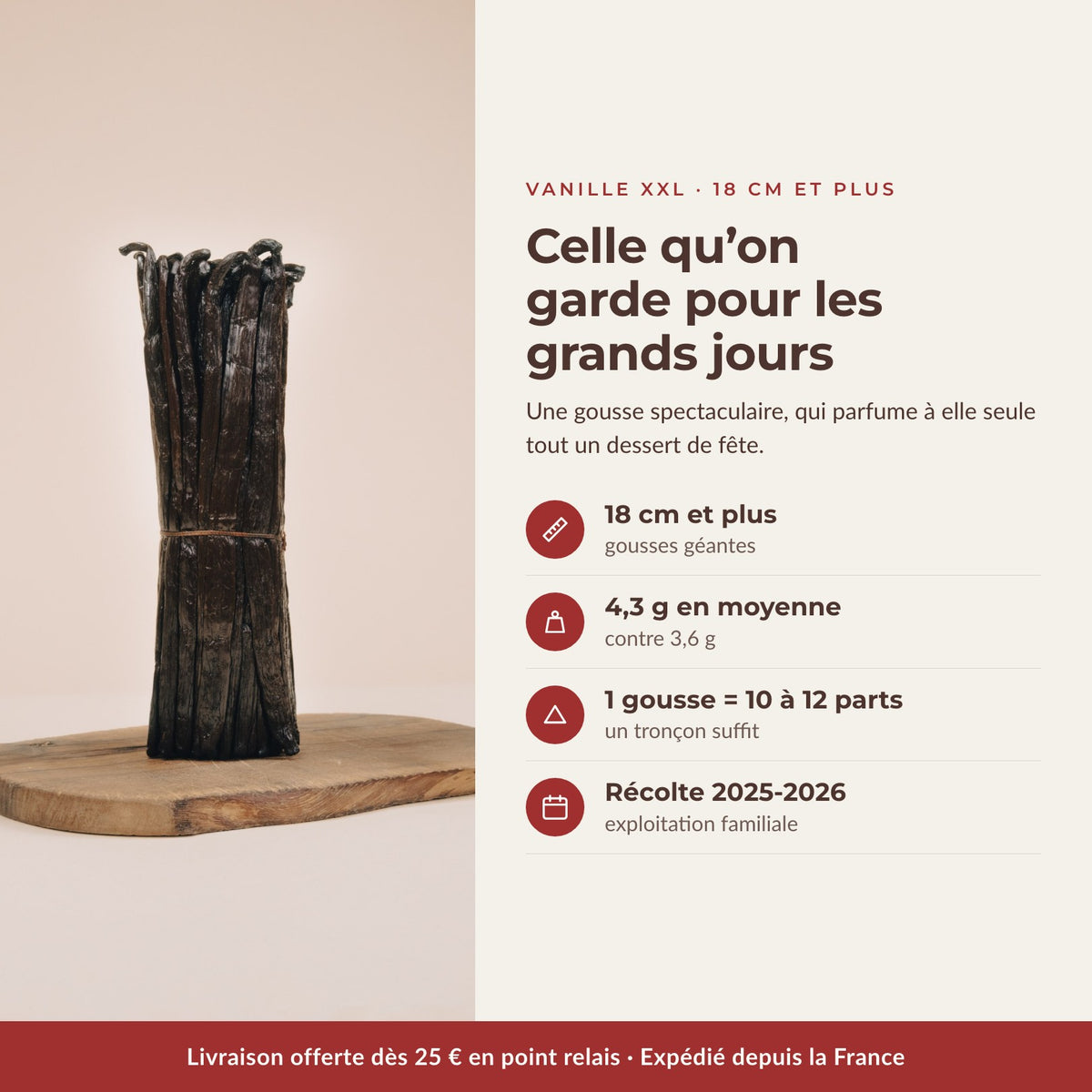 Vanille Grand Cru XXL 18 cm et plus : 4,3 g en moyenne, une gousse pour 10 à 12 parts - Comptoir Manitra